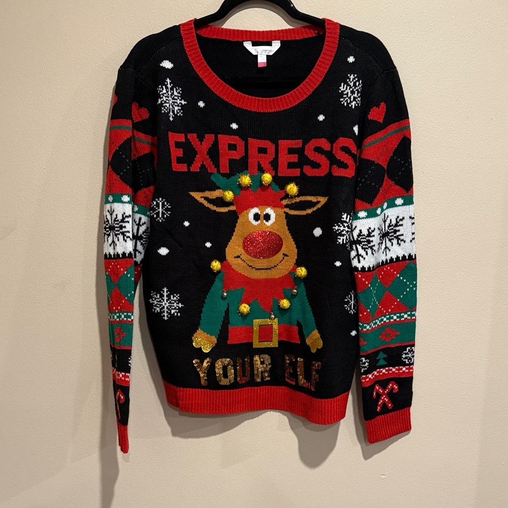 No Boundaries Black Festive Reindeer Ugly Christmas Sweater